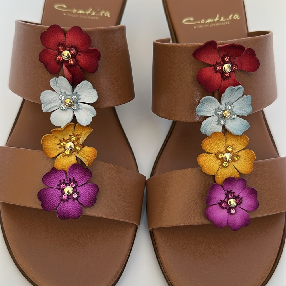 New Contesa taupe wedge summer slip on sandals with floral applique Sz 7M - Picture 4 of 5
